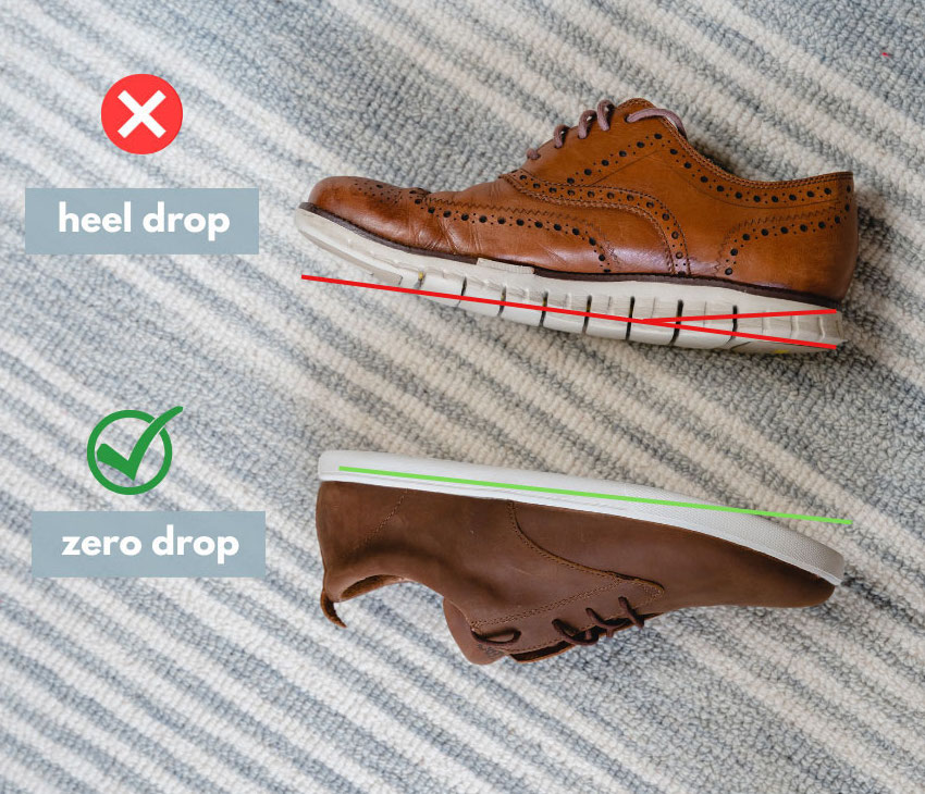heel drop on men's traditional dress shoes vs zero drop barefoot dress shoes
