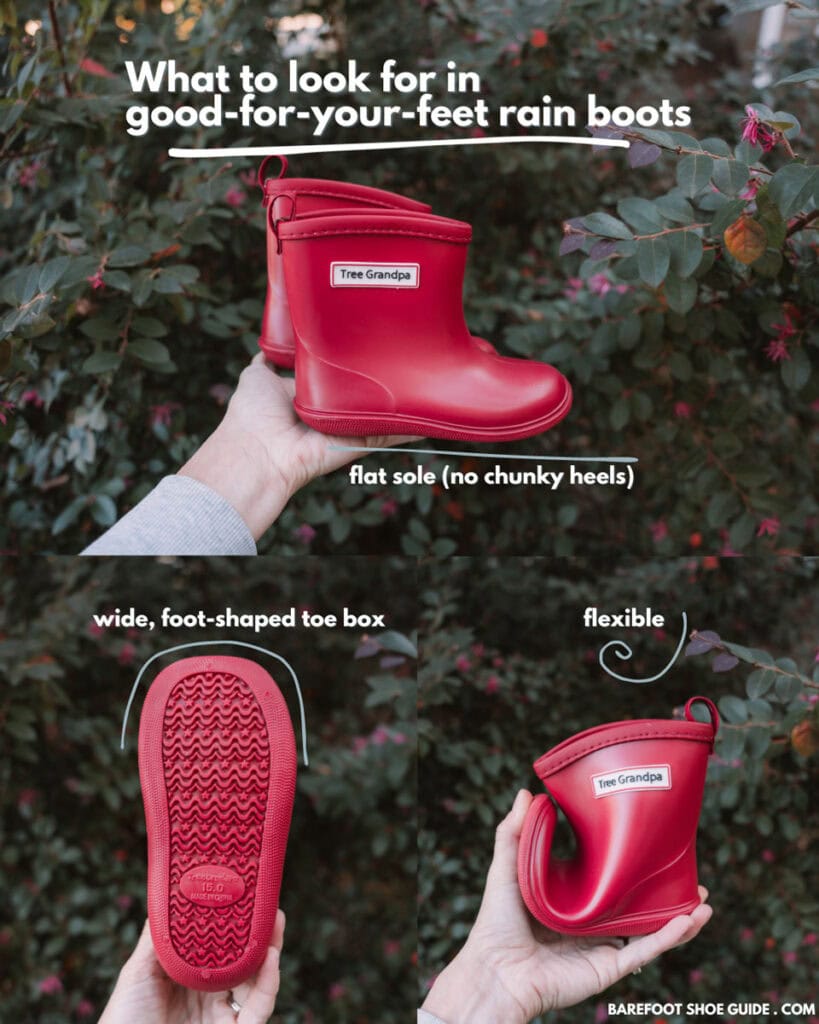 What to look for in healthy rain boots for kids: flat, flexible sole and wide toe box