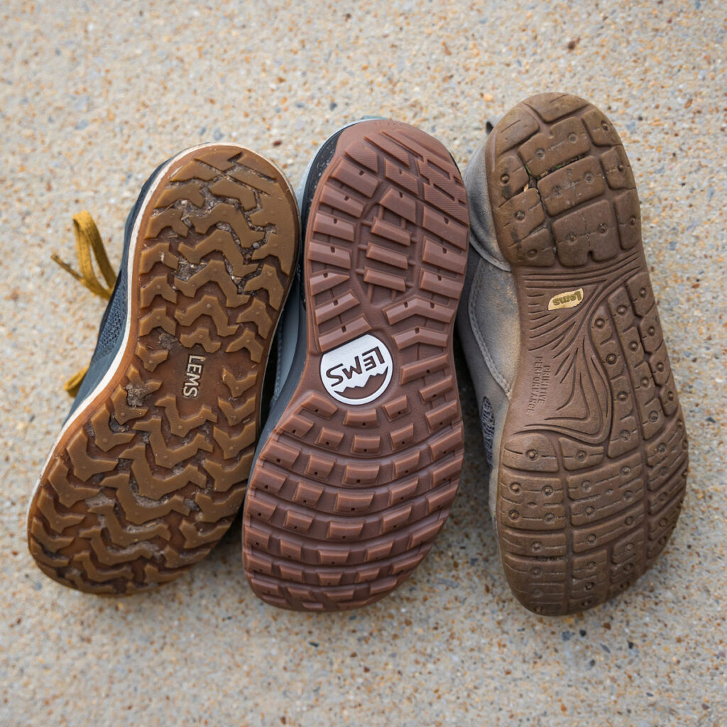 Rugged soles of Lems hiking shoes