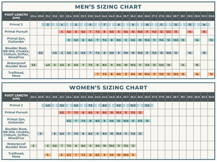 Lems Size Chart with measurements