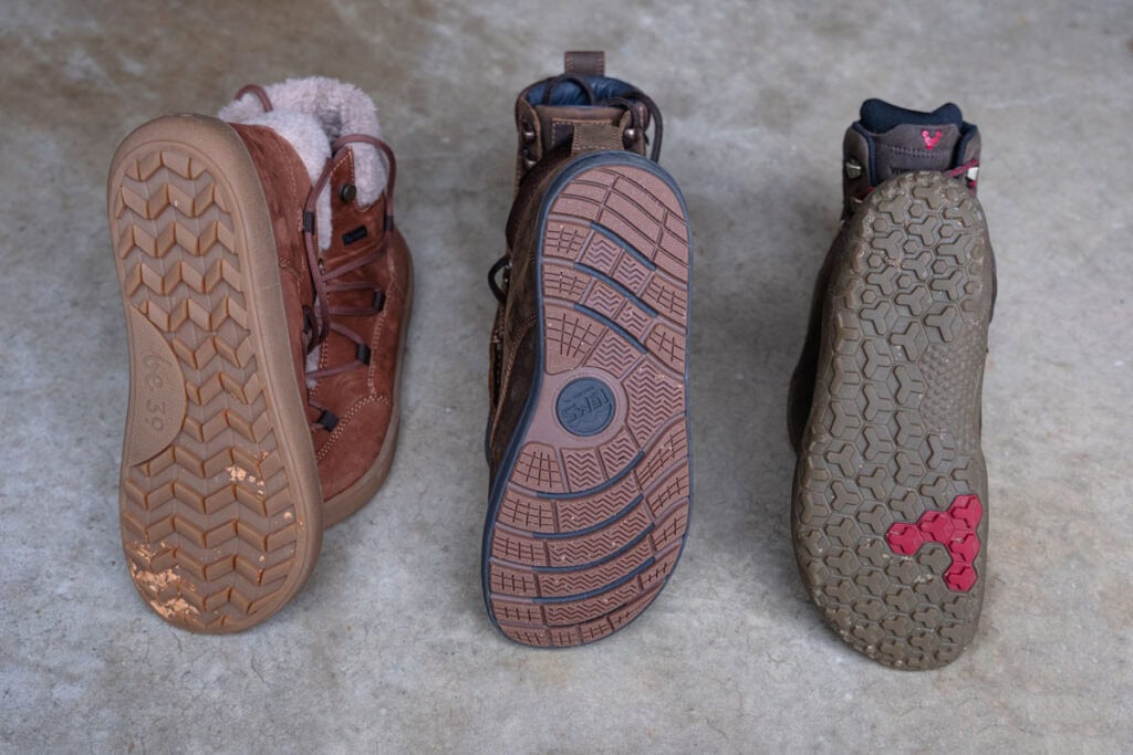 Rugged outsoles of barefoot winter boots