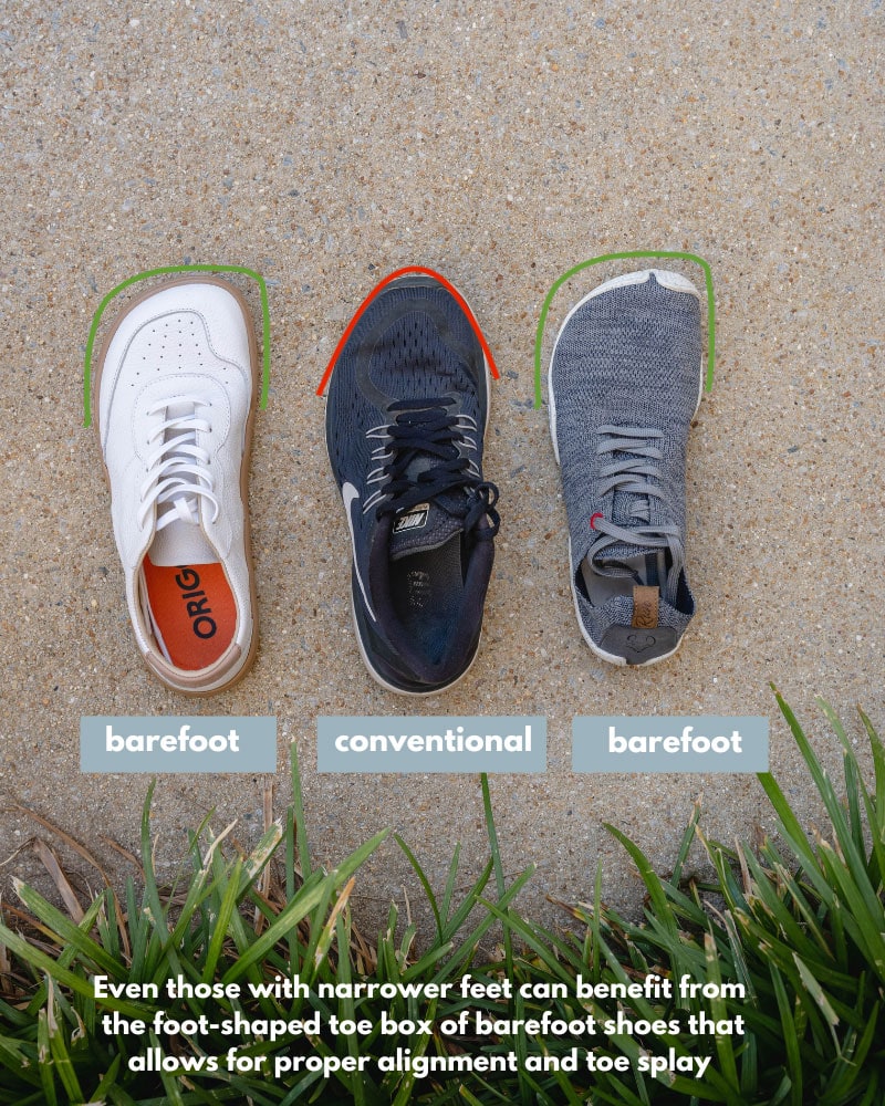 Narrow barefoot shoes vs conventional shoes