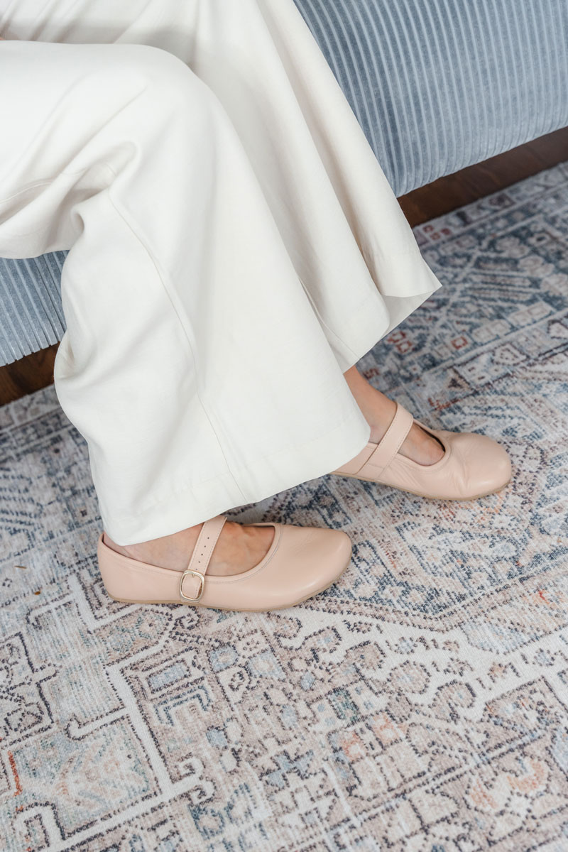 Origo single strap barefoot Mary Janes in blush pink