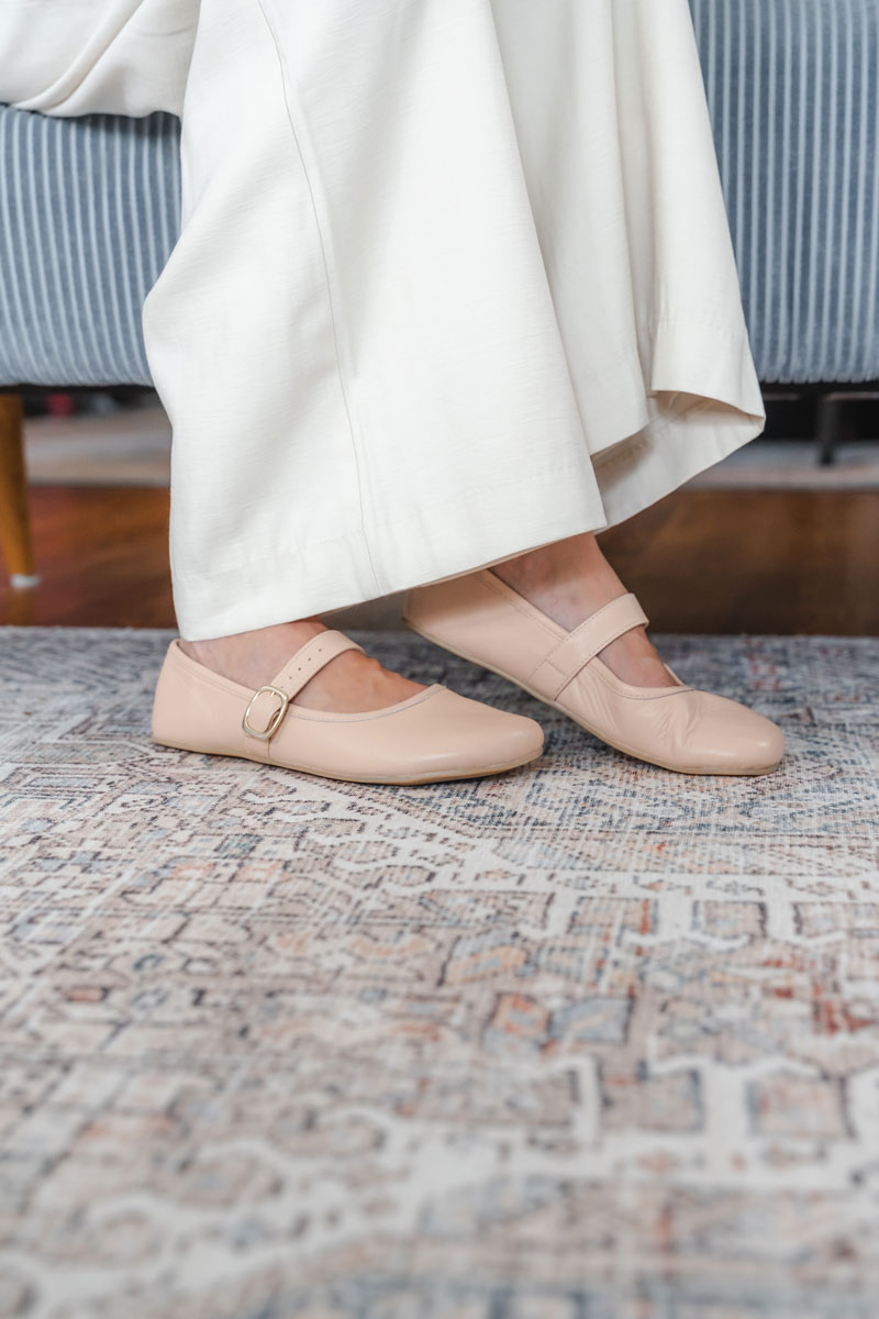Origo single strap barefoot Mary Janes in blush pink