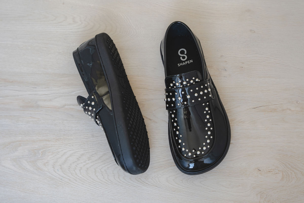 Shapen Sheen barefoot loafers in patent leather and embellished with studs