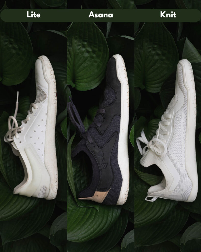 Comparison of the Vivobarefoot Primus Lite III, Primus Asana, and Primus Lite Knit, view from the side