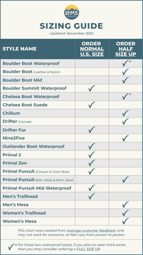 Lems Size Chart, updated November 2022