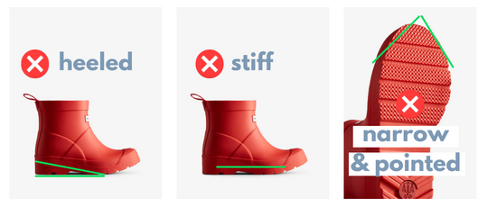 Conventional rain boots for kids are heeled, stiff, narrow and pointed