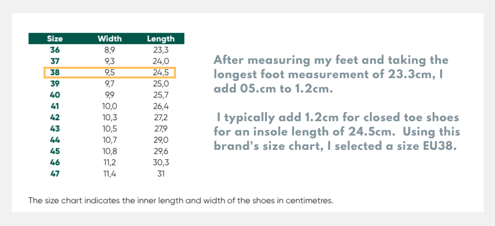 Size chart for barefoot shoes