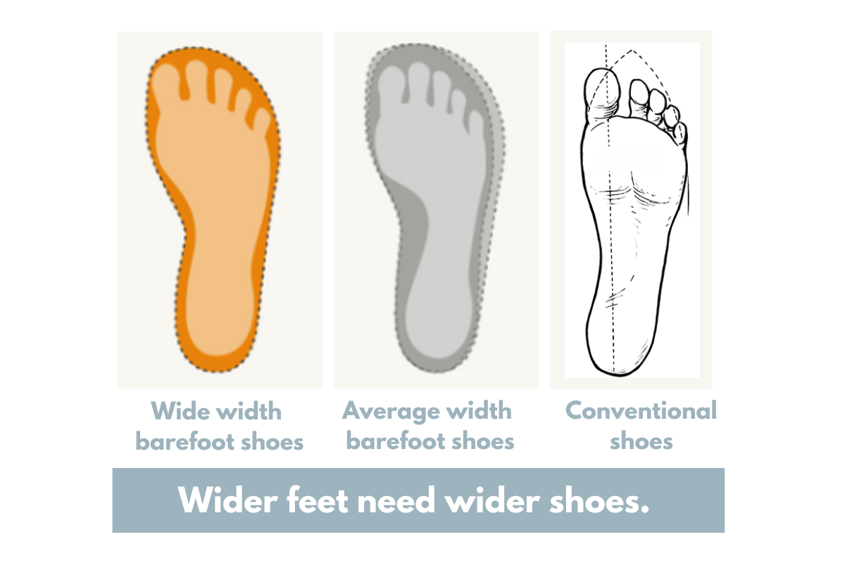 Wider feet need width shoes: Extra Wide Barefoot Shoes vs Average Barefoot Shoes vs Conventional Shoes