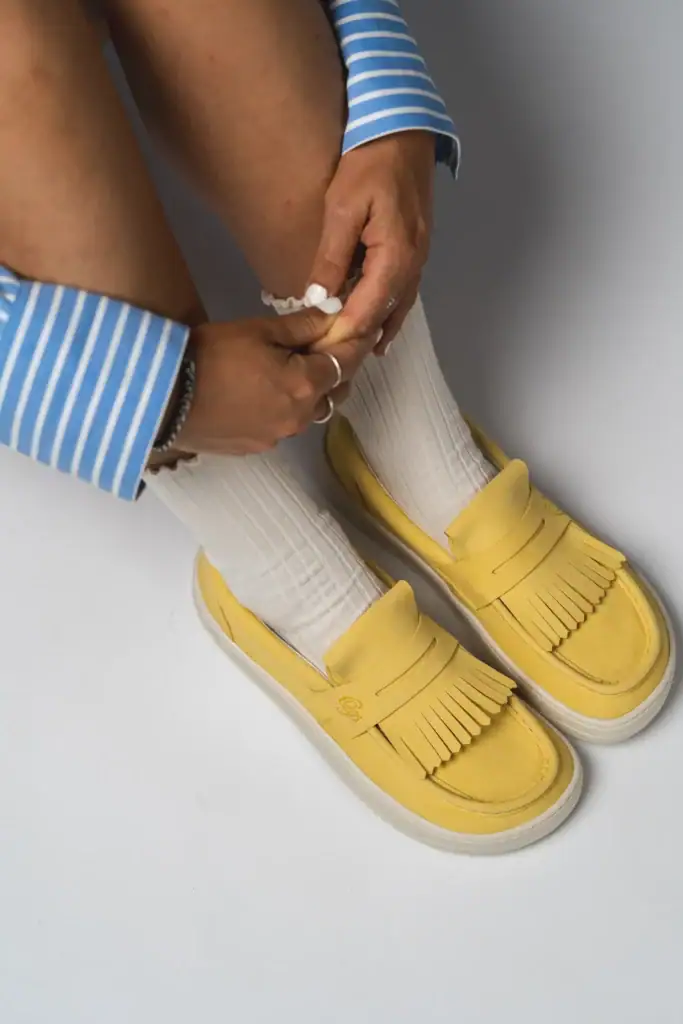 Vegan suede barefoot loafers in butter yellow by Ohne Project